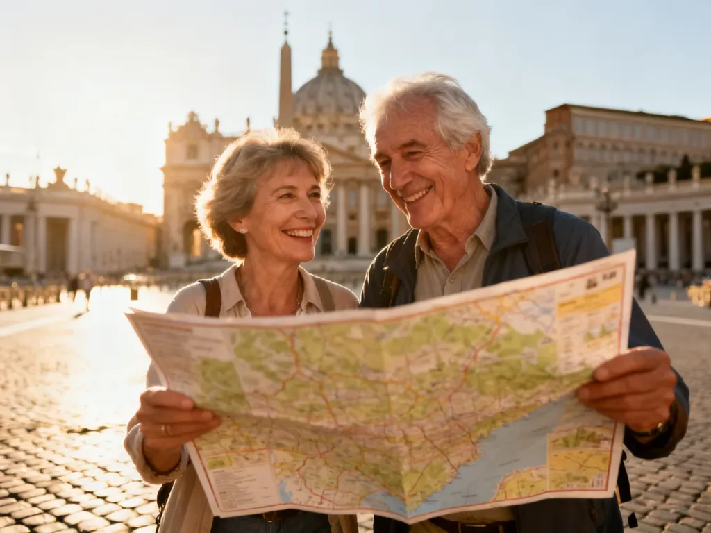Uśmiechnięta para seniorów z mapą spaceruje po słonecznym placu w Rzymie na tle zabytkowej architektury Watykanu.