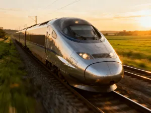 Czerwony pociąg jadący przez zaśnieżone Alpy Szwajcarskie w słoneczny dzień.