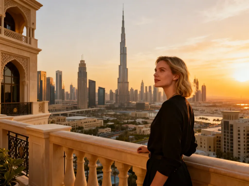 Kobieta podziwiająca panoramę Dubaju z Burj Khalifa w tle podczas zachodu słońca.