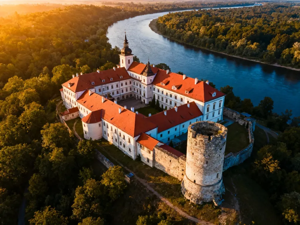Widok na zabytkowy klasztor z wieżą i czerwonymi dachami, położony nad malowniczą rzeką w blasku zachodzącego słońca.