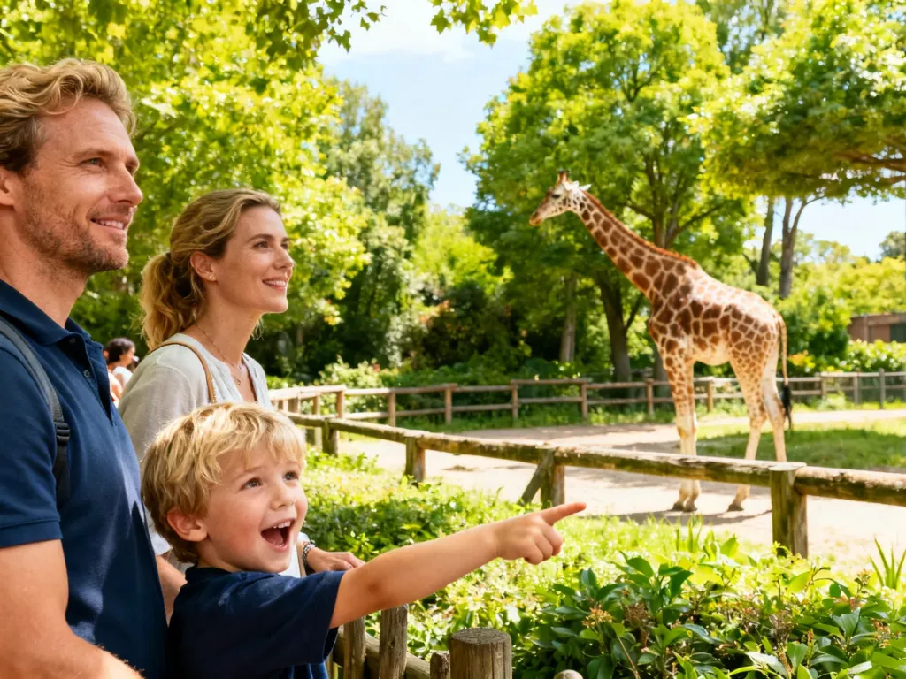 Rodzina z dzieckiem obserwuje żyrafę na wybiegu w krakowskim zoo w słoneczny dzień.