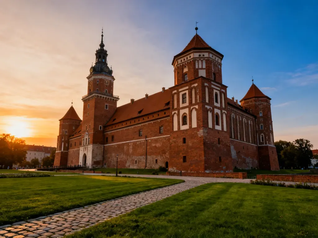 Majestatyczny ceglany zamek w Janowie Podlaskim o zachodzie słońca, otoczony zadbanym ogrodem.