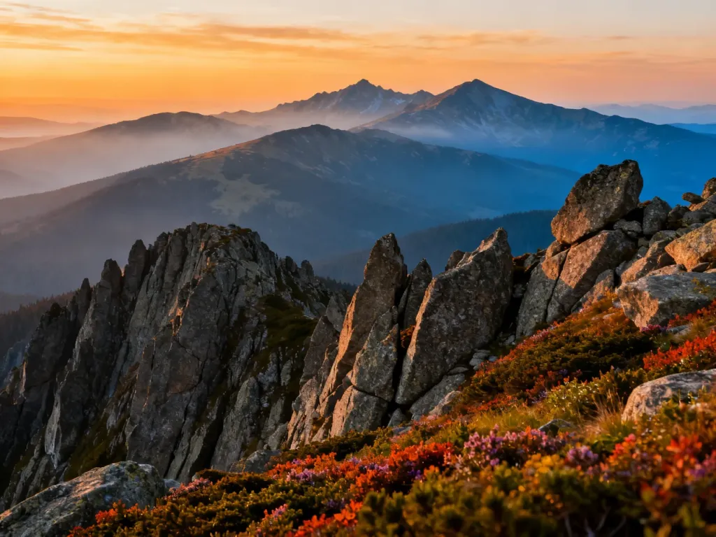 Panoramiczny widok na Karkonosze o zachodzie słońca z granitowymi skałami i alpejską roślinnością na pierwszym planie.