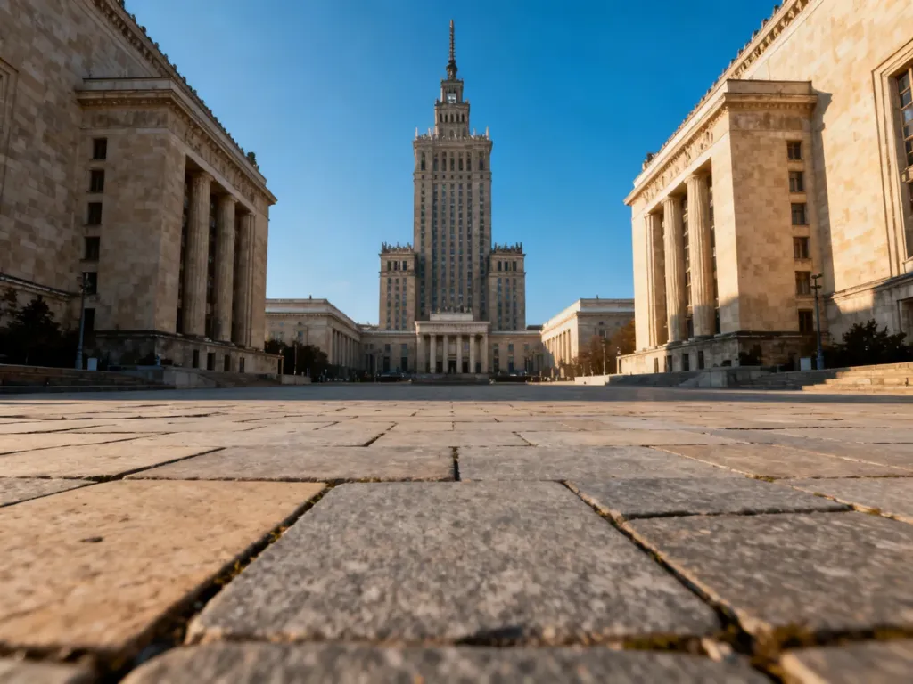 Pałac Kultury i Nauki w Warszawie w porannym świetle, widoczny w pełnej okazałości na tle bezchmurnego nieba.